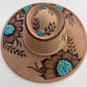 Chic Tan Hat with turquoise color Floral Accents